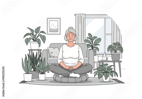Modern flat vector illustration of elderly woman practicing mindfulness meditation, stress relief and mental wellness concept for seniors