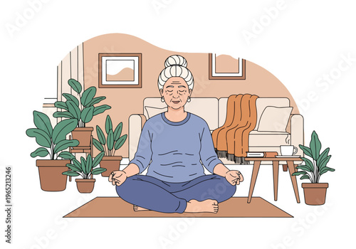 Modern flat vector illustration of elderly woman practicing mindfulness meditation, stress relief and mental wellness concept for seniors