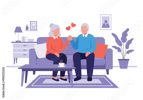 Modern flat vector illustration of elderly couple holding hands, emotional connection and companionship mental wellbeing concept