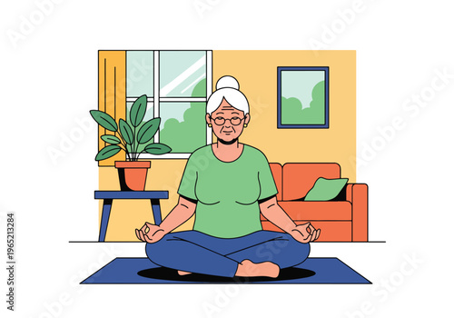 Modern flat vector illustration of elderly woman practicing mindfulness meditation, stress relief and mental wellness concept for seniors