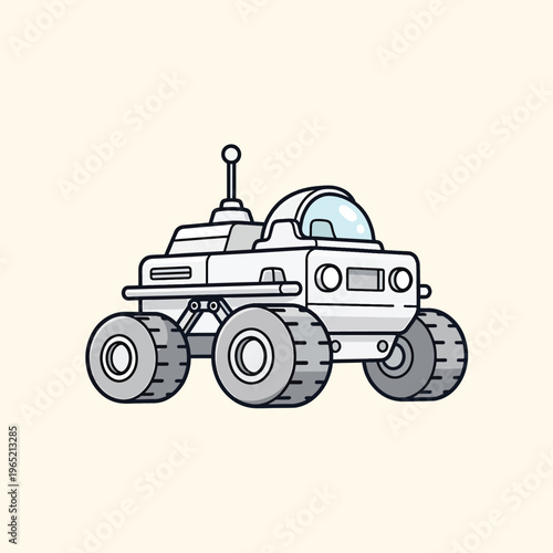 A cartoonish space rover with a domed cockpit and antenna. Four large wheels sit beneath the body, suggesting exploration on an alien terrain