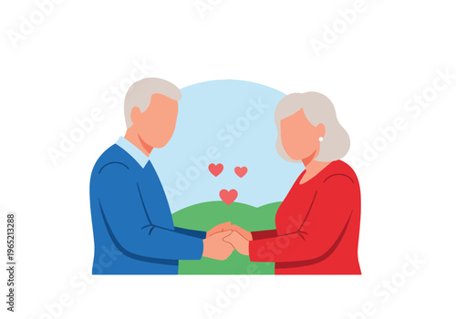 Modern flat vector illustration of elderly couple holding hands, emotional connection and companionship mental wellbeing concept