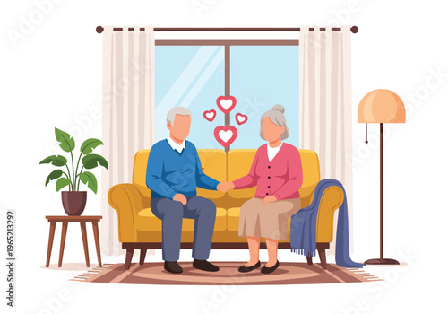 Modern flat vector illustration of elderly couple holding hands, emotional connection and companionship mental wellbeing concept