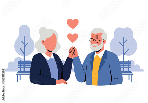 Modern flat vector illustration of elderly couple holding hands, emotional connection and companionship mental wellbeing concept