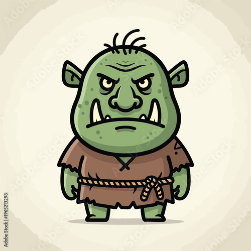 A cartoonish creature is green-skinned with jagged teeth and a stern expression. It's adorned with a rope belt and crude clothing. The background is an off-white texture