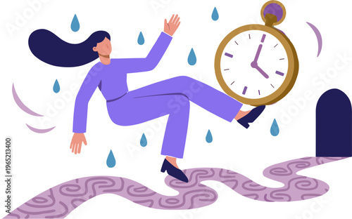 Woman runs from giant clock with raindrops falling on wavy purple path.