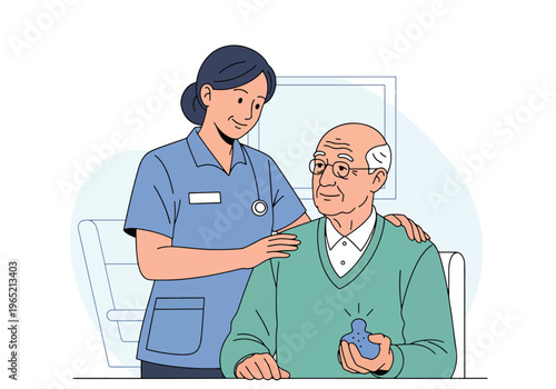Modern flat vector illustration of caregiver supporting elderly patient with stress management, healthcare assistance and emotional support concept