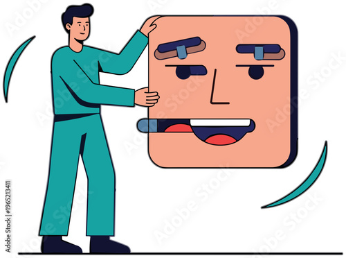 A man is adjusting a large emotive face with tools in a graphic scene.