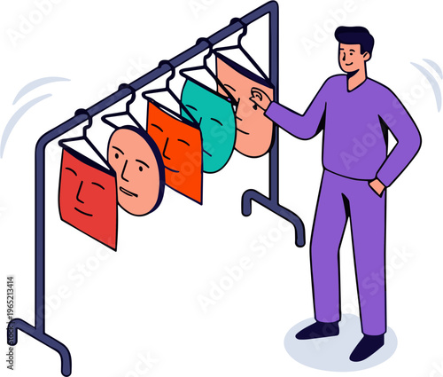 A man wearing purple examines colorful emotion masks on a rack indoors.