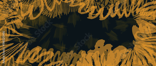 Abstract golden brush strokes border on dark navy blue background with textured center