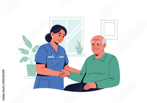 Modern flat vector illustration of caregiver supporting elderly patient with stress management, healthcare assistance and emotional support concept