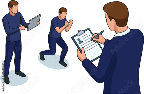 Businessman reviews documents while colleagues interact with technology nearby