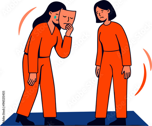 A woman holds a mask to her face while another woman looks on with concern indoors.