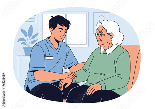 Modern flat vector illustration of caregiver supporting elderly patient with stress management, healthcare assistance and emotional support concept