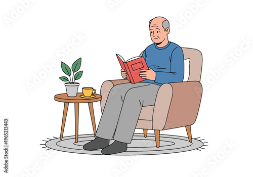 Modern flat vector illustration of elderly man reading book, cognitive health and mental stimulation concept for seniors