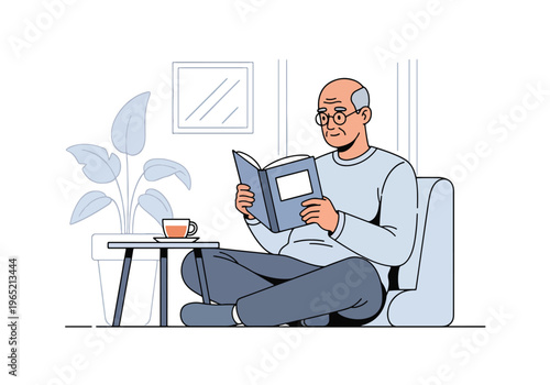 Modern flat vector illustration of elderly man reading book, cognitive health and mental stimulation concept for seniors