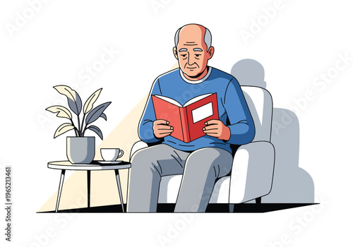 Modern flat vector illustration of elderly man reading book, cognitive health and mental stimulation concept for seniors
