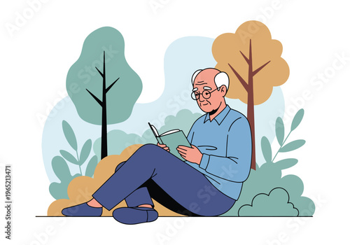 Modern flat vector illustration of elderly man reading book, cognitive health and mental stimulation concept for seniors