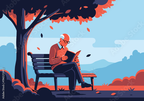 Modern flat vector illustration of elderly man reading book, cognitive health and mental stimulation concept for seniors