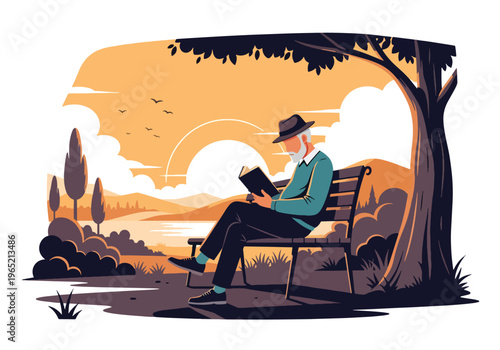 Modern flat vector illustration of elderly man reading book, cognitive health and mental stimulation concept for seniors