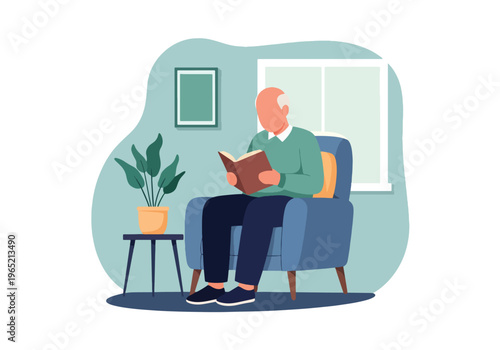 Modern flat vector illustration of elderly man reading book, cognitive health and mental stimulation concept for seniors