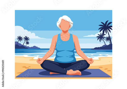 Modern flat vector illustration of elderly woman practicing yoga and breathing exercise, stress relief and mental wellness concept