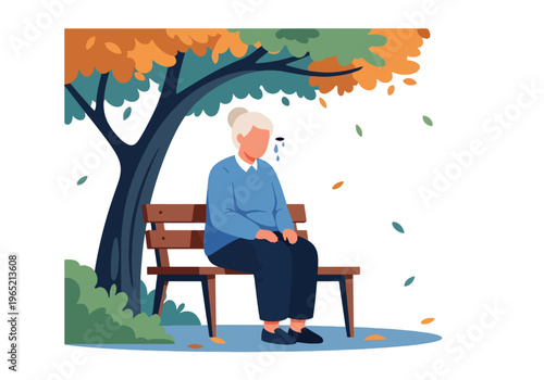 Modern flat vector illustration of elderly depression awareness with senior under sitting alone in park bench, mental health support concept