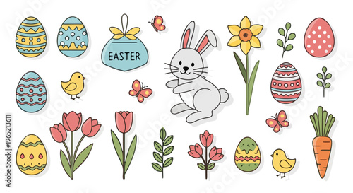 A delightful collection of charming Easter holiday elements, featuring colorful decorated eggs, a cute bunny, spring flowers, and festive symbols, perfect for seasonal designs and celebrations