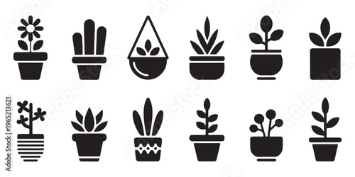 Indoor plant pot silhouette collection featuring various leaf shapes and decorated containers for home garden