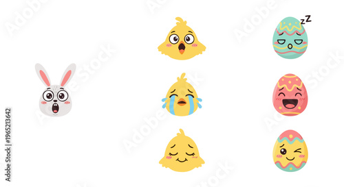 A delightful set of cartoon Easter characters and vibrant eggs, each expressing unique emotions like surprise, joy, and sadness, ideal for festive holiday designs