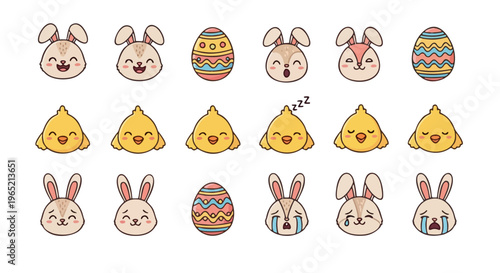 Adorable Easter-themed cartoon icons featuring cute bunnies, fluffy chicks, and decorated eggs, perfect for festive designs and spring celebrations