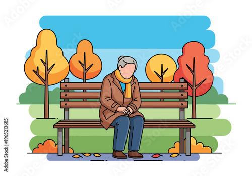Modern flat vector illustration of elderly depression awareness with senior under sitting alone in park bench, mental health support concept
