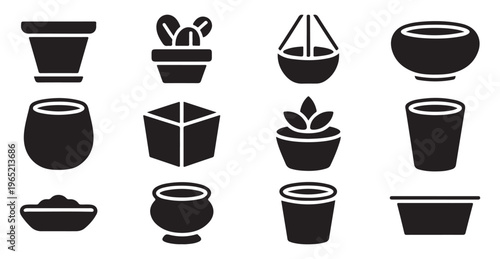 Minimalist plant pot icons collection with different gardening vessel shapes for professional botanical design