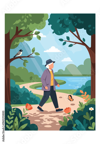 Modern flat vector illustration of elderly enjoying outdoor walk in park, nature therapy and mental wellbeing concept