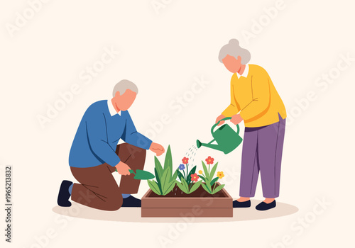 Modern flat vector illustration of elderly couple gardening together, mental wellbeing and healthy lifestyle concept