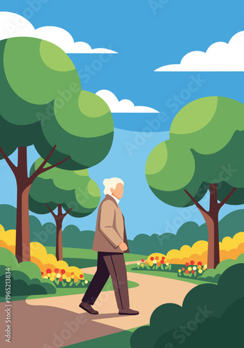 Modern flat vector illustration of elderly enjoying outdoor walk in park, nature therapy and mental wellbeing concept