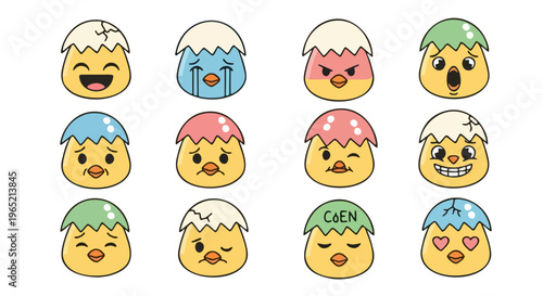 A delightful set of cartoon baby chicks, freshly hatched from eggshells, showcasing a vibrant spectrum of expressive and adorable emotions