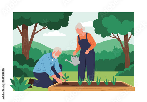 Modern flat vector illustration of elderly couple gardening together, mental wellbeing and healthy lifestyle concept