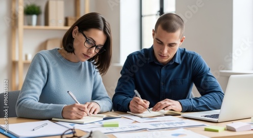 Couple collaboratively working on architectural or design plans together at a table.