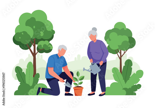 Modern flat vector illustration of elderly couple gardening together, mental wellbeing and healthy lifestyle concept