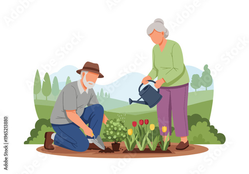 Modern flat vector illustration of elderly couple gardening together, mental wellbeing and healthy lifestyle concept