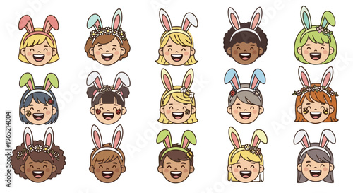 A joyful collection of diverse cartoon children wearing bunny ears, celebrating spring and Easter with happy expressions and cheerful faces