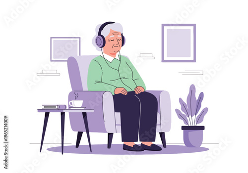 Modern flat vector illustration of elderly listening to music for relaxation therapy and emotional wellbeing