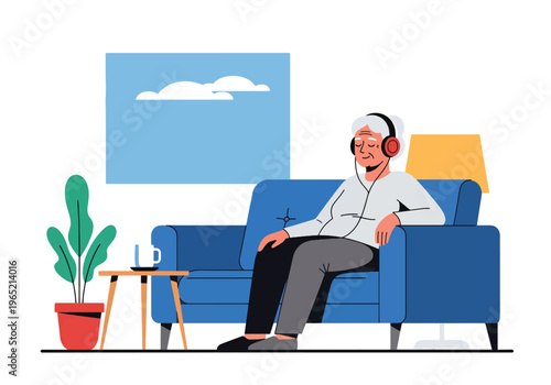 Modern flat vector illustration of elderly listening to music for relaxation therapy and emotional wellbeing