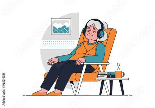 Modern flat vector illustration of elderly listening to music for relaxation therapy and emotional wellbeing