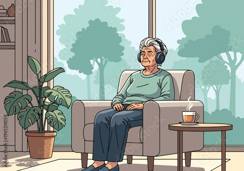Modern flat vector illustration of elderly listening to music for relaxation therapy and emotional wellbeing