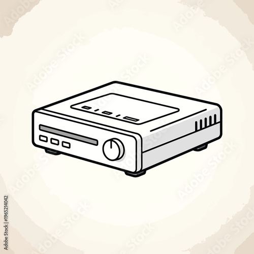 A cartoon style illustration of an audio or electronic device. It is a light colored box-shaped machine with controls and details. The background is a texture