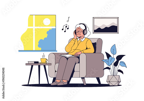 Modern flat vector illustration of elderly listening to music for relaxation therapy and emotional wellbeing