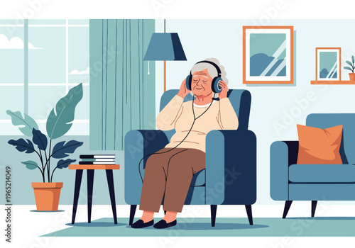 Modern flat vector illustration of elderly listening to music for relaxation therapy and emotional wellbeing