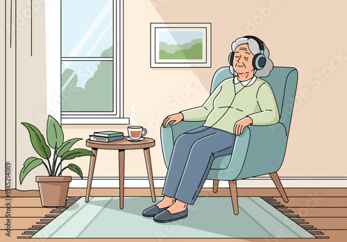 Modern flat vector illustration of elderly listening to music for relaxation therapy and emotional wellbeing